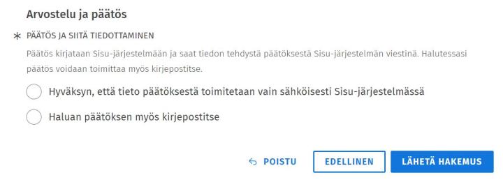 Kuvakaappaus korvaavuushakemuksen päätöksen toimitustavan valinnasta Sisussa.