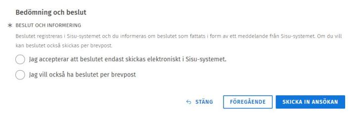 Skärmdump av ansökans sektion Beslut ohc informering i Sisu.