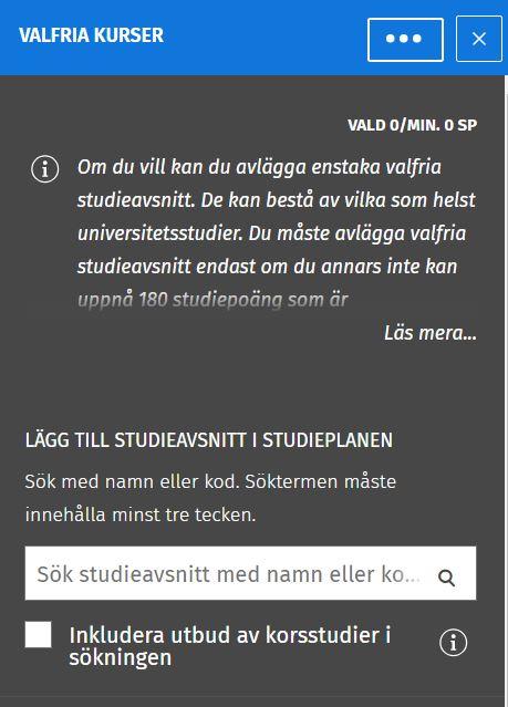Skärmdump av urvalshjälparen med sökfältet för studieavsnitt.