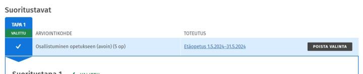 Kuvakaappaus suoritustapamatriisista ja Poista valinta -napista.