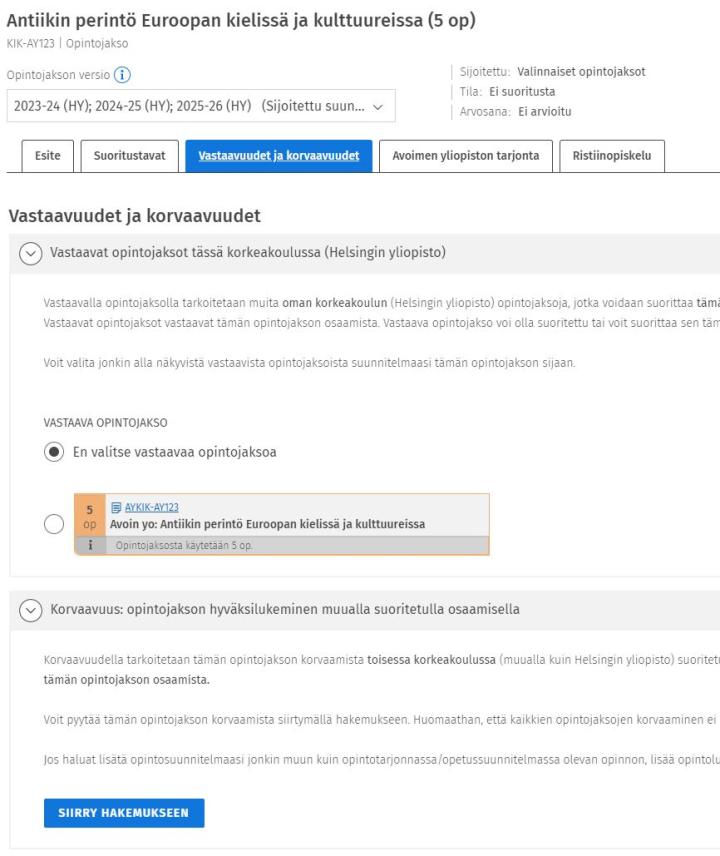 Kuvakaappaus opintojaksoesitteen Vastaavuudet ja korvaavuudet -välilehdestä.
