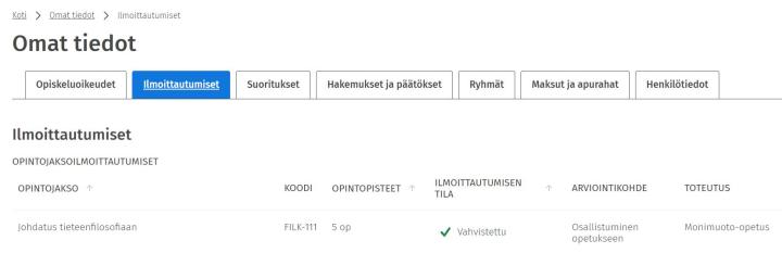 Kuvakaappaus Omat tiedot -sivulta Sisussa.