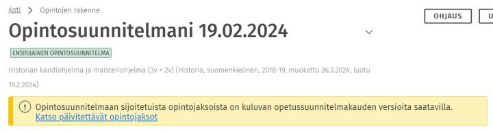 Kuvakaappaus ilmoituksesta suunnitelman yläpuolella.