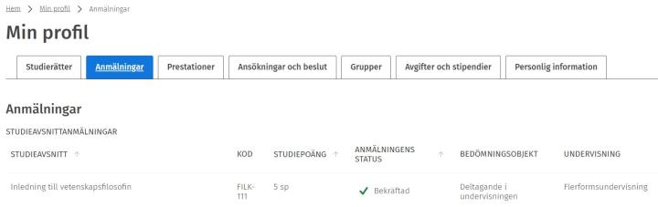 Skärmdump av Min profil-sidan i Sisu.