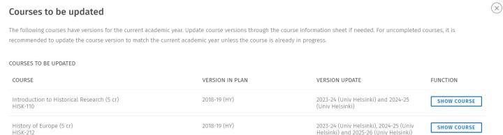 Screen capture of the list of courses whose versions can be updated.