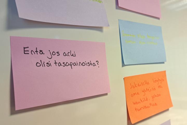 Eri värisiä tarralappuja valkotaululla.