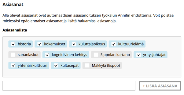 Kuvs järjestelmästä, jossa lisätään asiasanat.