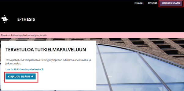 Kuva kirjautumisesta järjestelmässä. Painikkeet kirjaudu sisään on merkitty punaisilla laatikoilla.