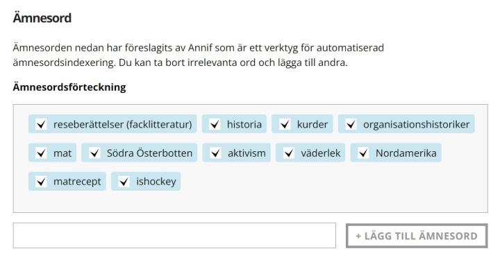 Ta bort irrelevanta ämnesord genom att klicka på dem.