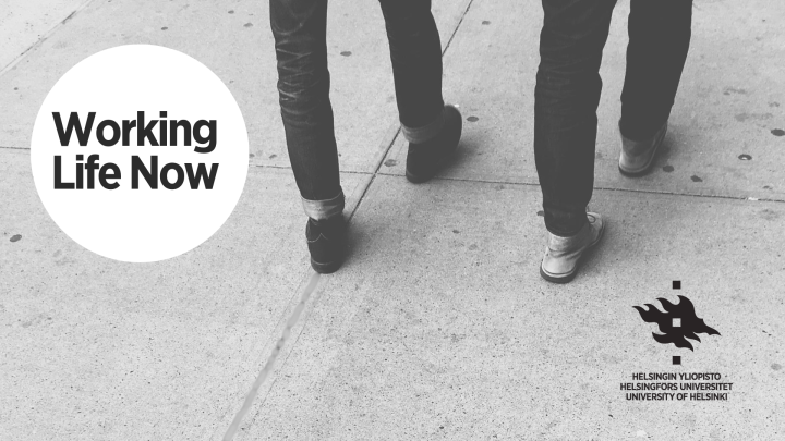 Working Life Now -webinaarien mustavalkoinen kuvituskuva, jossa kahden kävelevän ihmisen jalat ja webinaarin nimi.